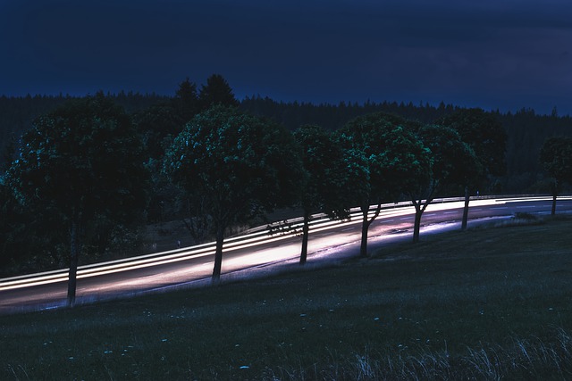 přední světla vozu při noční jízdě